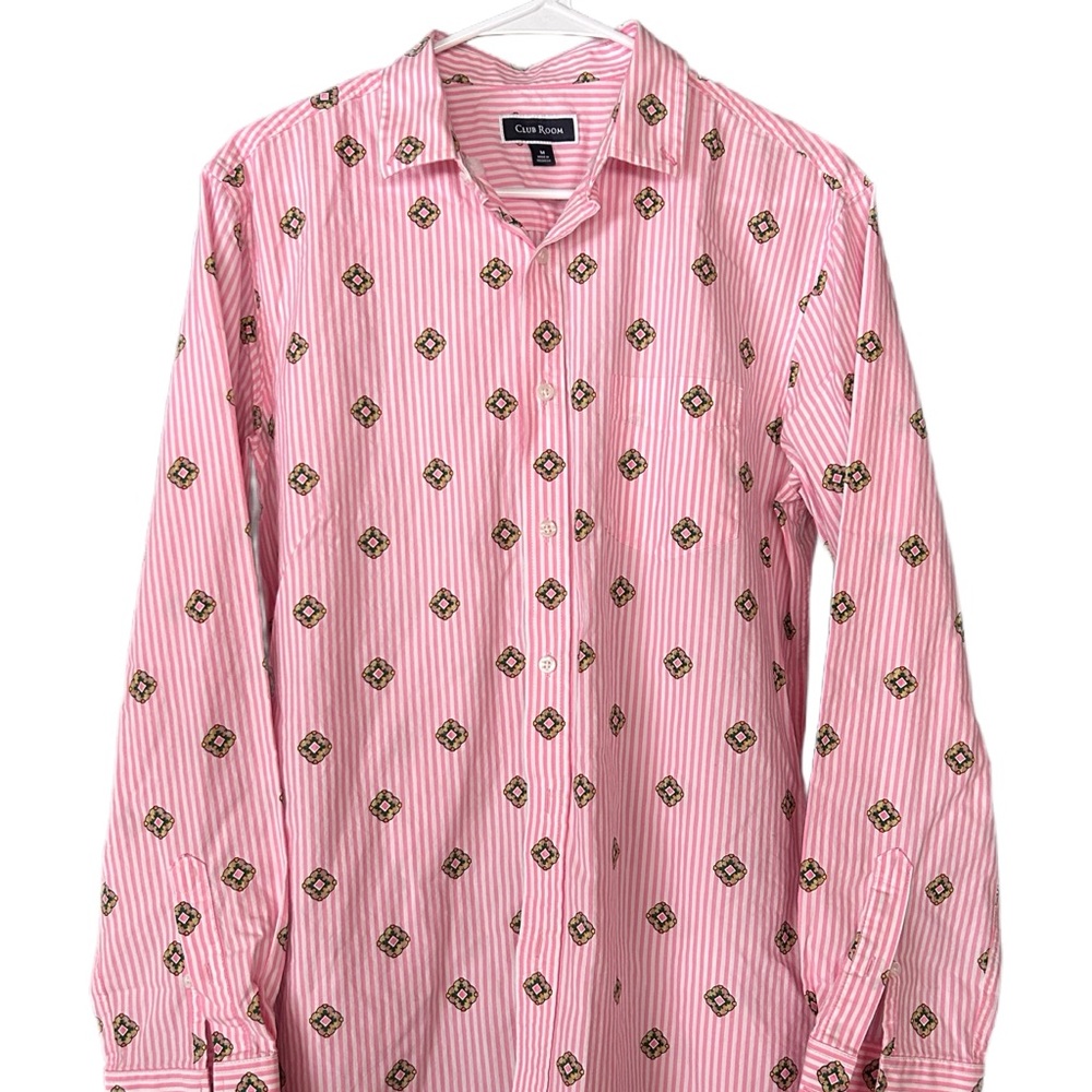 Bold Pink Striped Casual Button Down Shirt with Geometric Pattern